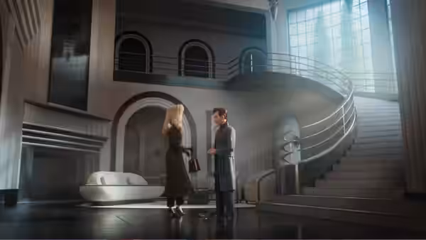 Raymond Gunn (Sam Rockwell) speaks with a blonde woman in the lobby of a curved staircase