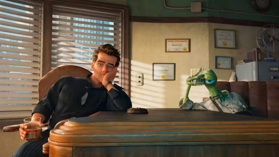 Raymond Gunn (Sam Rockwell) sits at his desk as a green alien leans over the counter