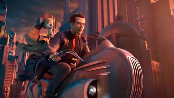 Raymond Gunn (Sam Rockwell) rides a futuristic motorcycle through a neon-lit city