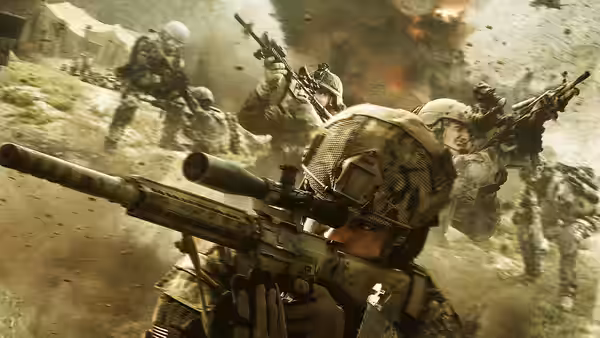 Soldiers fire from a rocky outpost as smoke billows behind them