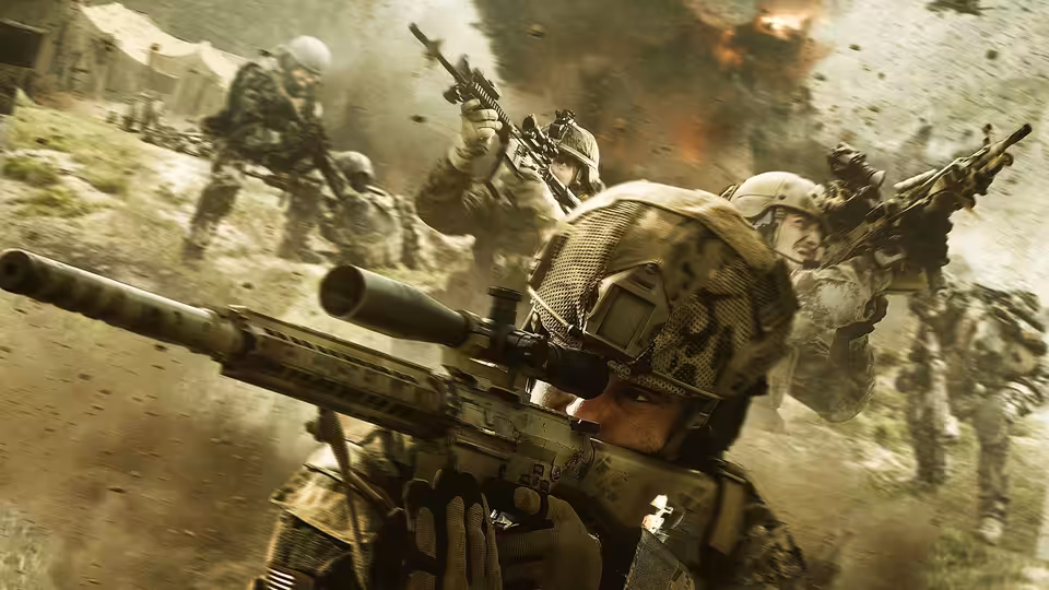 Soldiers fire from a rocky outpost as smoke billows behind them