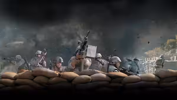 Soldiers fire from behind sandbags as smoke and debris fill the outpost