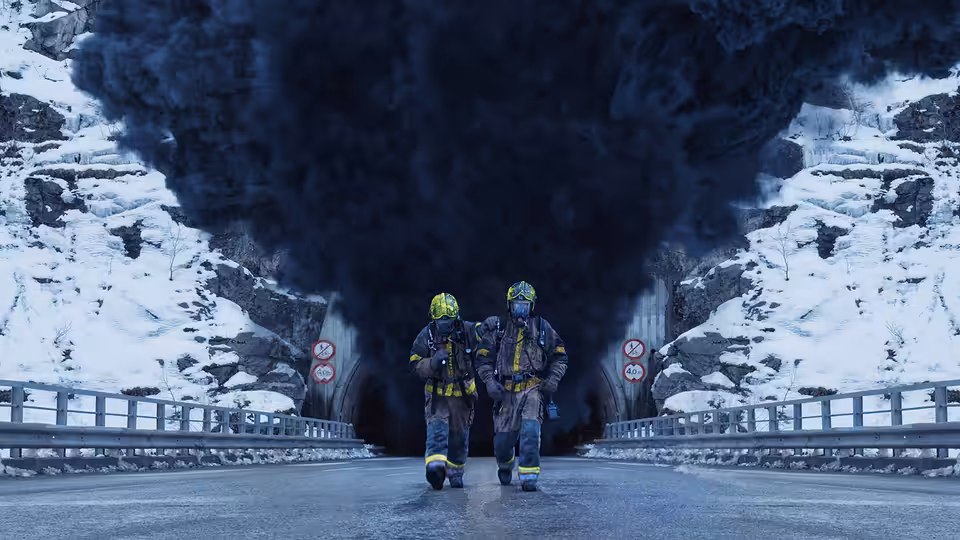Two firefighters in rescue gear walk from a smoke-filled tunnel onto a snowy mountain road