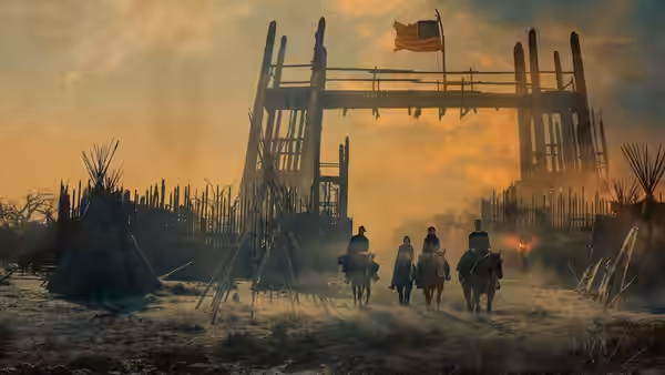 Four travelers approach a timber fort between tents at dusk