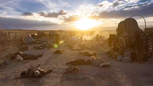 Wagons and fallen figures lie across a camp beneath the rising sun