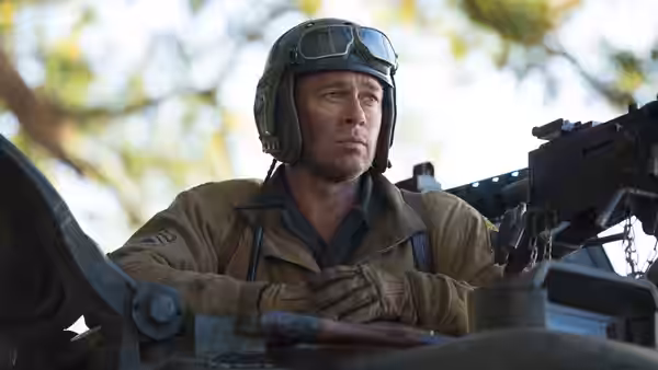 Boyd Swan (Shia LaBeouf) mans a tank gun in his helmet