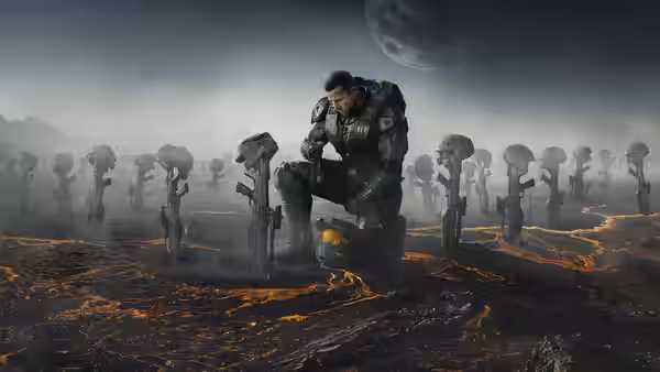Master Chief (Pablo Schreiber) kneels on scorched ground among rows of fallen soldiers