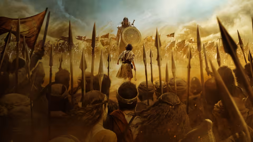 A lone figure faces an assembled army beneath a golden sky and a forest of banners