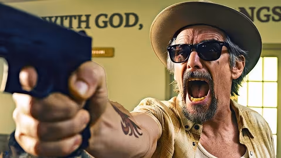 Lee Raybon (Ethan Hawke) points a handgun toward someone in front of a wall poster