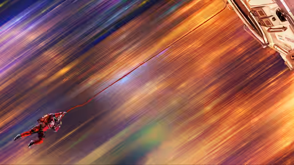 An astronaut in a red suit floating tethered outside a spaceship