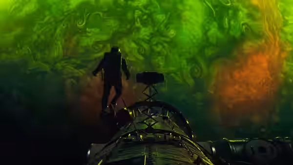 A figure standing on a spacecraft above a swirling green nebula