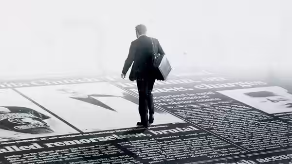 A man in a suit walks over large newspaper pages on the floor