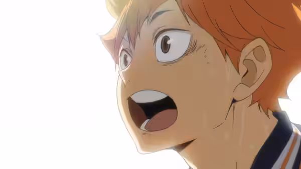 Shoyo Hinata (Ayumu Murase) stares wide-eyed, sweat running down his face