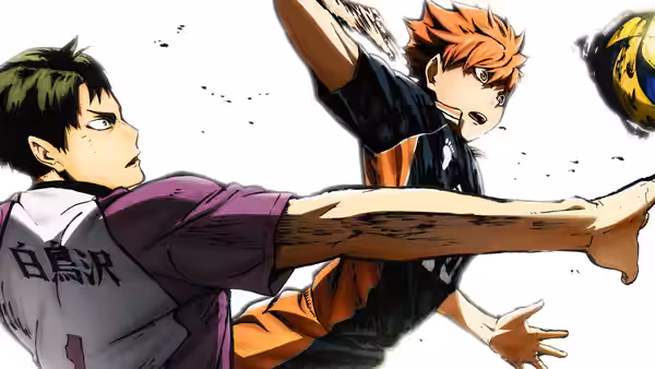 Shoyo Hinata (Ayumu Murase) reaches past an opposing player during a volleyball play