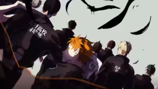 Shoyo Hinata (Ayumu Murase) looks sideways amid a group of players in dark uniforms