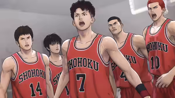 Ryota Miyagi (Shūgo Nakamura) leads Shohoku teammates as they shout on the basketball court