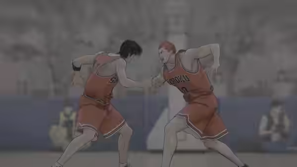 Two Shohoku players face off on the basketball court, leaning into each other as they move