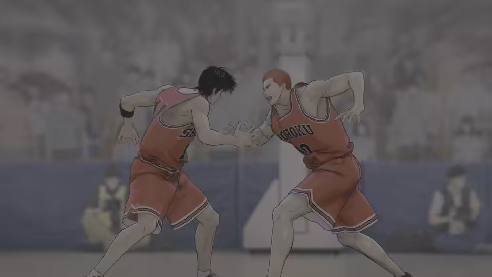 Two Shohoku players face off on the basketball court, leaning into each other as they move