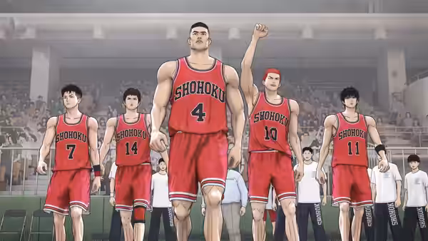 Takenori Akagi (Kenta Miyake) leads Shohoku onto the court as Hanamichi Sakuragi (Subaru Kimura) raises a fist
