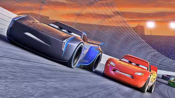 Jackson Storm races ahead of Lightning McQueen on a banked track