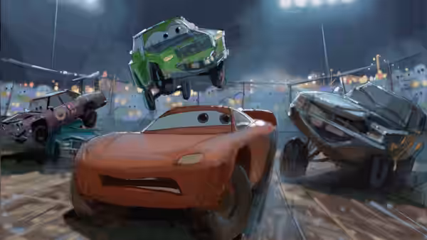 A brown stock car speeds through a demolition derby as a green truck leaps overhead