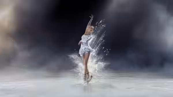 A figure skater performs in a white dress amid spray on the rink