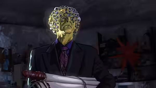A suited man with a head covered in many eyes stands in a dark room
