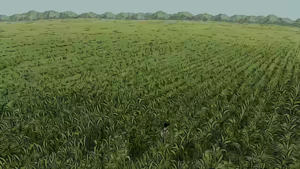 A lone figure stands amid rows of crops beneath distant mountains