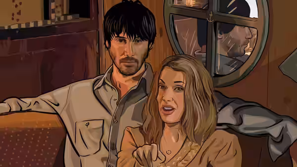 Bob Arctor (Keanu Reeves) stands behind Donna Hawthorne (Winona Ryder) indoors