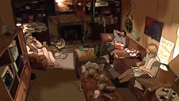 Several people lounge amid clutter in a dimly lit living room