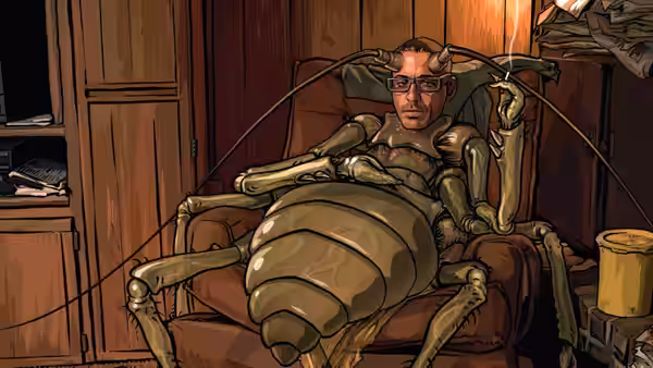 A man sits strapped into a chair beneath a mechanical apparatus