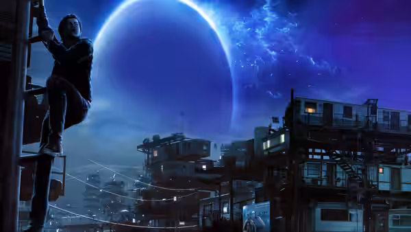 A figure climbs a building above a ramshackle neighborhood beneath a giant planet