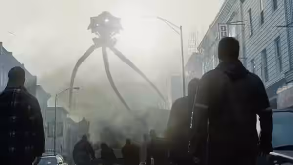 Residents look up at a towering tripod machine looming over a city street