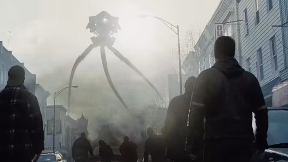 Residents look up at a towering tripod machine looming over a city street