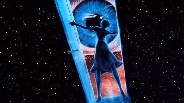 A silhouetted figure stands on an airplane wing before a giant blue eye