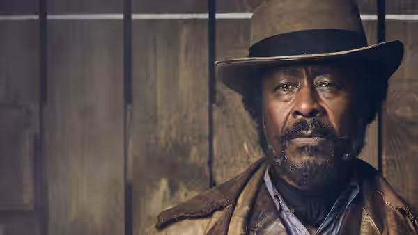 Ralph Coates (Clarke Peters) wearing a wide-brimmed hat indoors