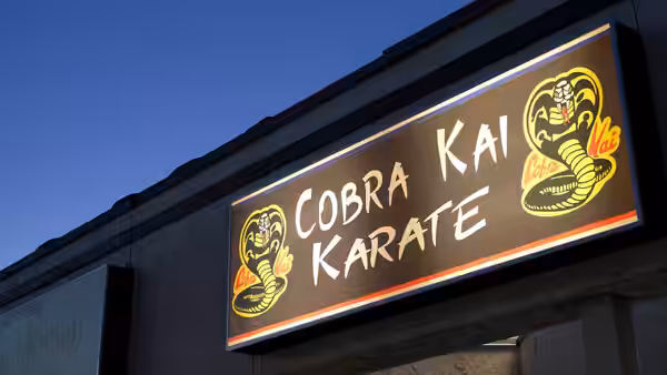 A Cobra Kai karate school sign with cobra emblems above a storefront