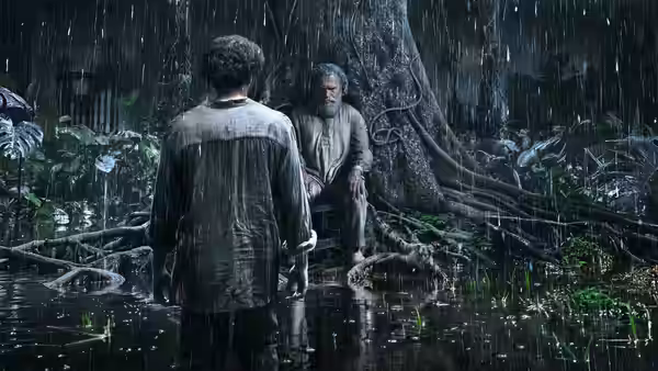 A man faces another figure amid flooded ruins and tangled roots