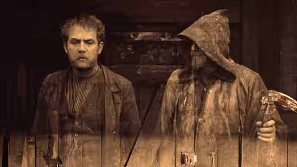 David Holm stands beside a hooded carriage driver in a room