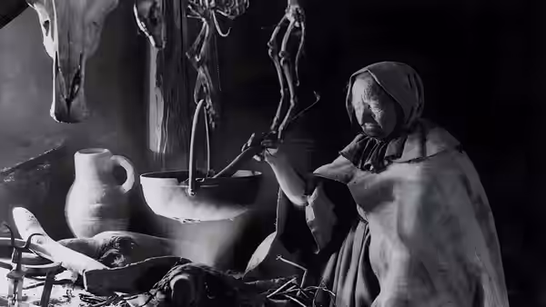 An elderly woman tends a pot beside a cluttered hearth