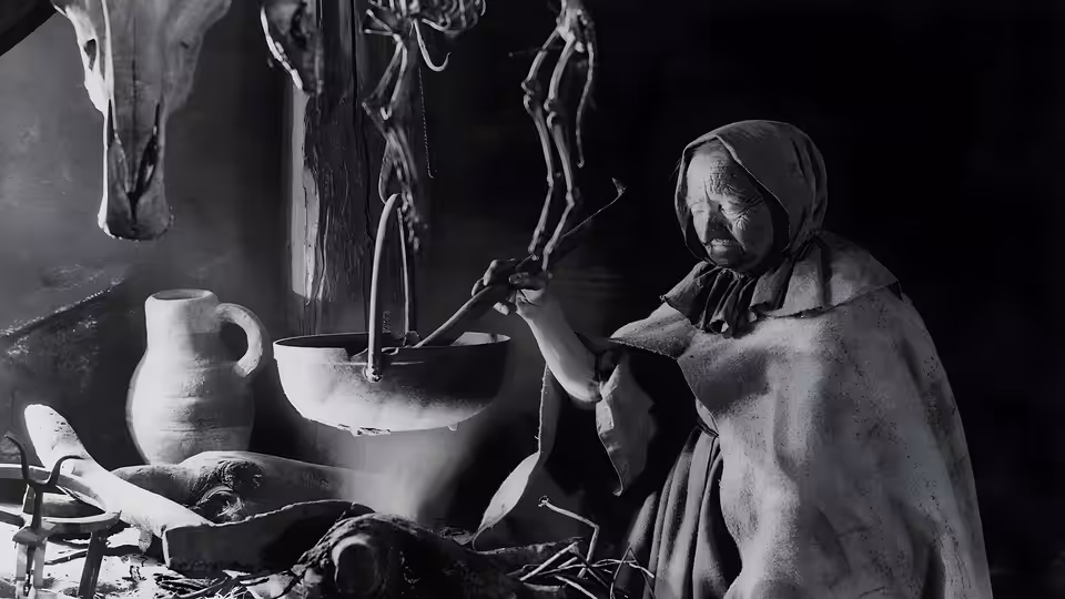 An elderly woman tends a pot beside a cluttered hearth