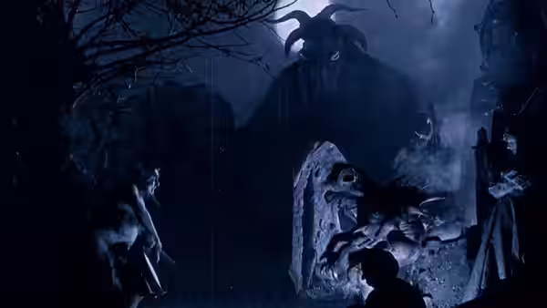 A horned figure looms over people gathered in a shadowy chamber