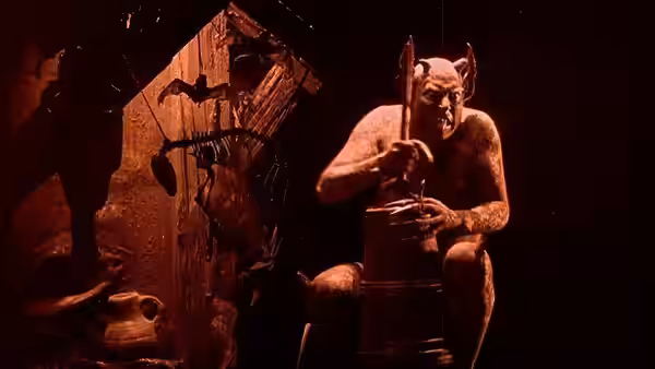 The horned Devil sits beside a wooden structure, holding a long tool