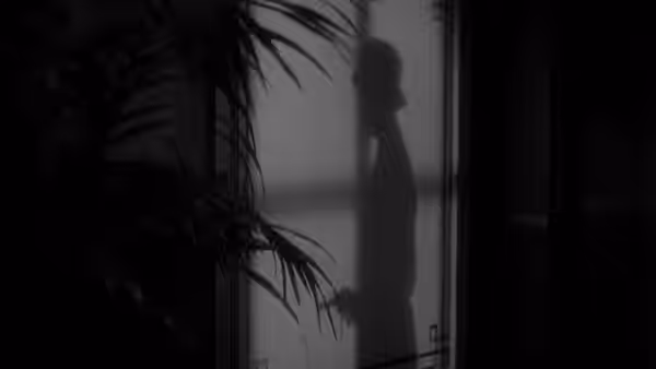 A man’s shadow falls across a doorway behind dark plant fronds