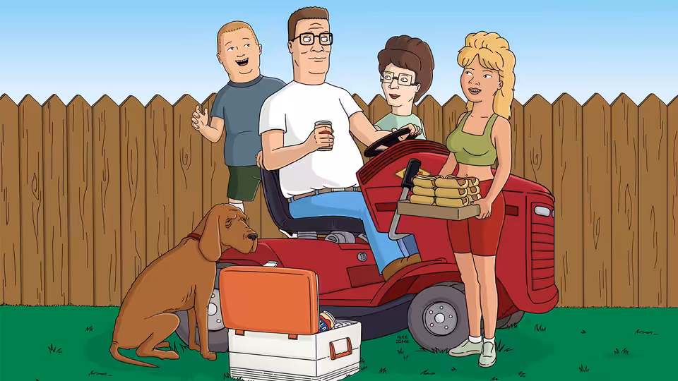 Hank Hill driving a red riding mower holding a cup while Peggy stands beside with beer and Luanne nearby