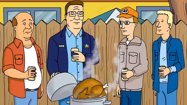 Bill, Hank, Dale and Boomhauer gathered around a smoker with a turkey and coffee cups