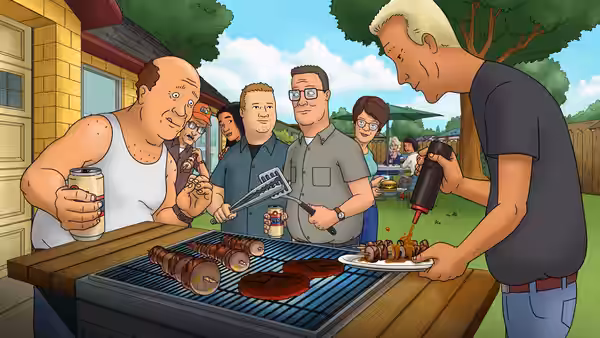 Boomhauer pouring sauce on grilled meat as Bill watches with a beer at the backyard barbecue