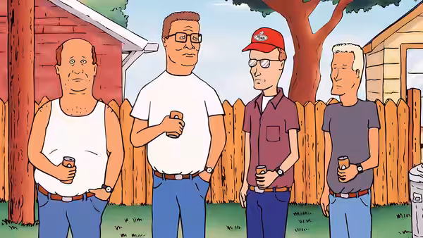 Bill Dauterive, Hank Hill, Dale Gribble and Boomhauer standing together holding beers in the yard