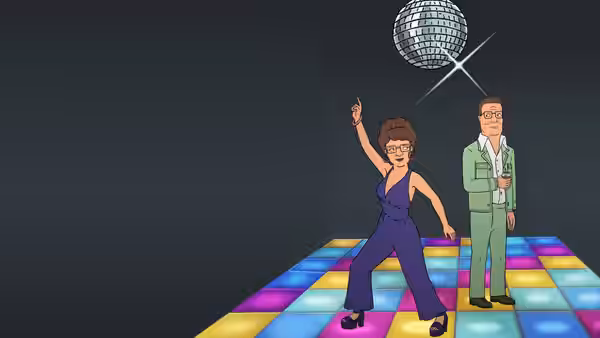 Peggy Hill dancing on a lit dance floor under a disco ball while a man in green suit watches