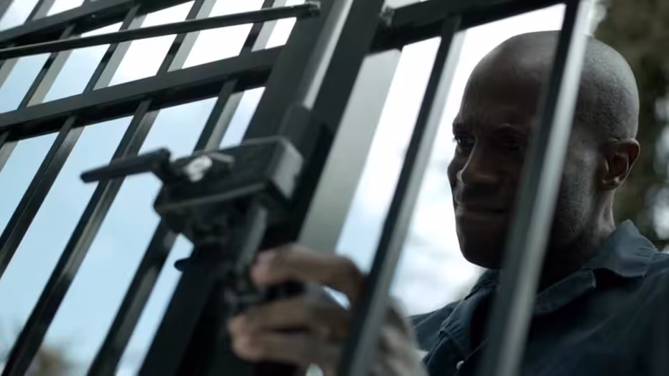 A bald man looks through a barred window, one hand raised beside the frame